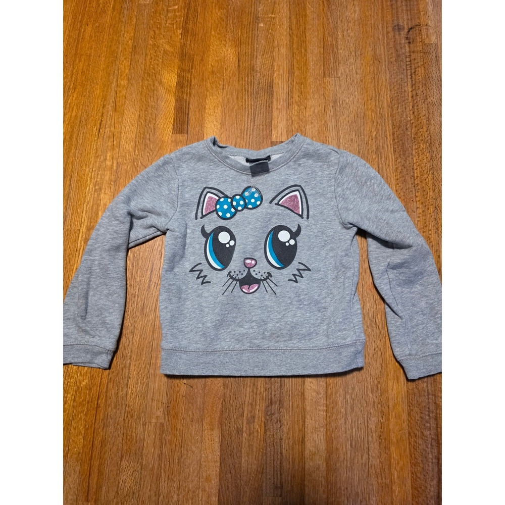 Joe Boxer Girl 3T Gray Glitter Cat Face Graphic Long Sleeve Pullover Sweatshirt